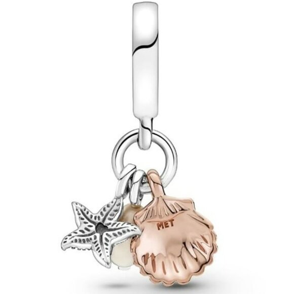 New Pandora S925 Freshwater Cultured Pearl Starfish & Shell Triple Dangle Charm - Picture 2 of 3